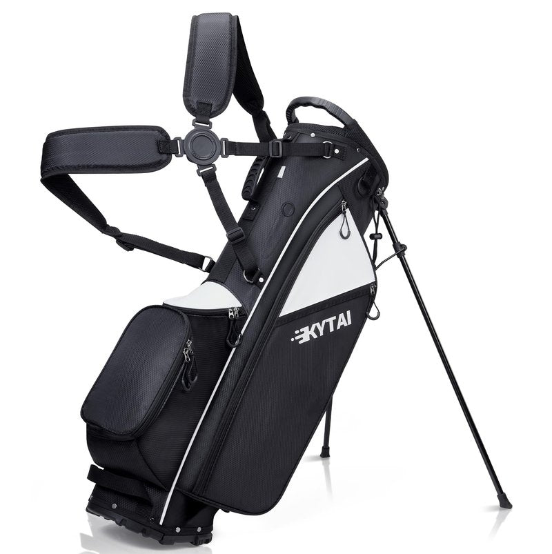 KYTAI Lightweight 7 Way Divider Golf Stand Bag for Men/Women- Dual Straps, Stable Stand, Multiple Pockets, Rain Hood & Towel Ring (Black/White)