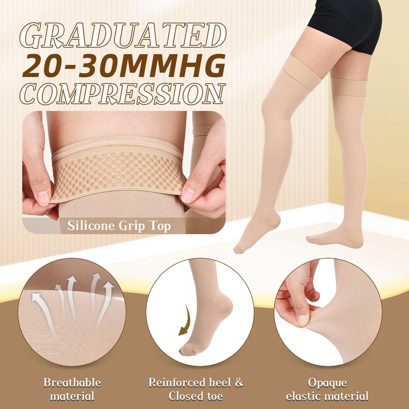 Wegitcs 20-30mmHg Compression Stockings for Women & Men, Closed Toe Thigh High Compression Socks Women, Graduated Compression for Varicose Veins, Pregnant, Teacher, Doctor ( 1 Pair, Beige, Large)