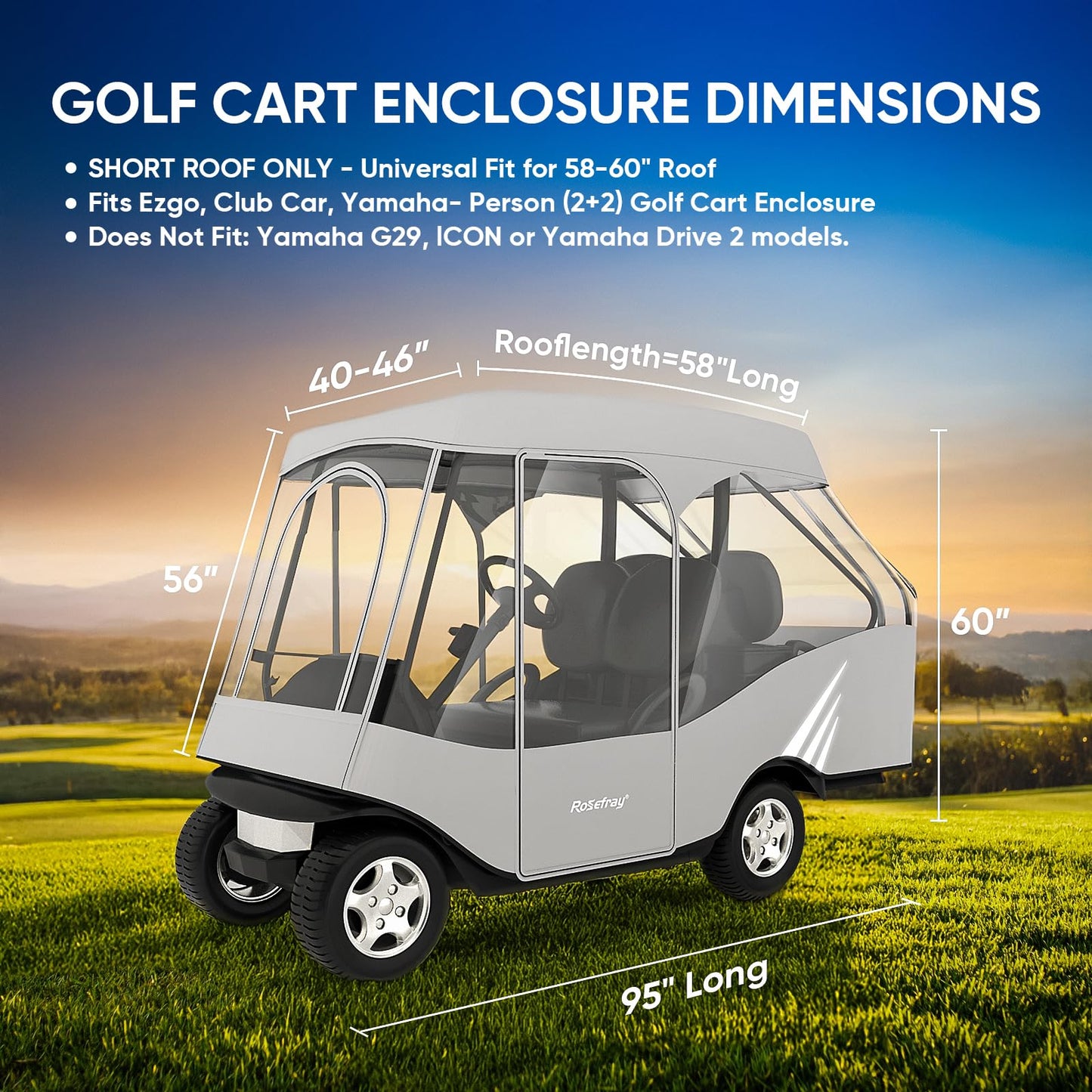 Rosefray Golf Cart Enclosure, 600D Waterproof 4 Passenger Driving Enclosure with Clear PVC Windshield, Short Roof 58" for EZGO, Club Car- Durable Door Zipper - 2+2 Golf Cart Rain Cover-Black