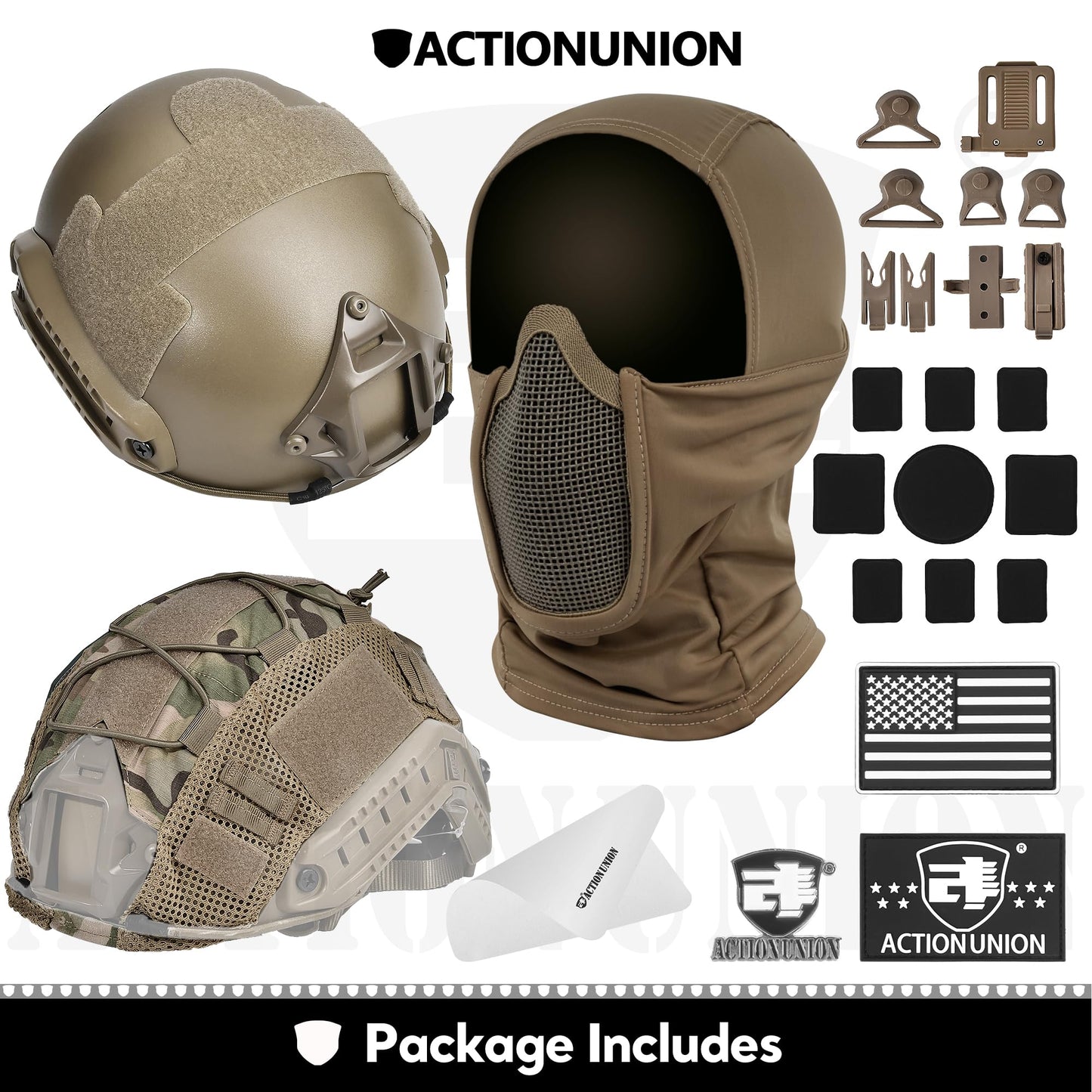 ACTIONUNION Airsoft Helmet and Mask Set Tactical Paintball Helmet and Balaclava Mesh Mask MH Type (Tan, Large)