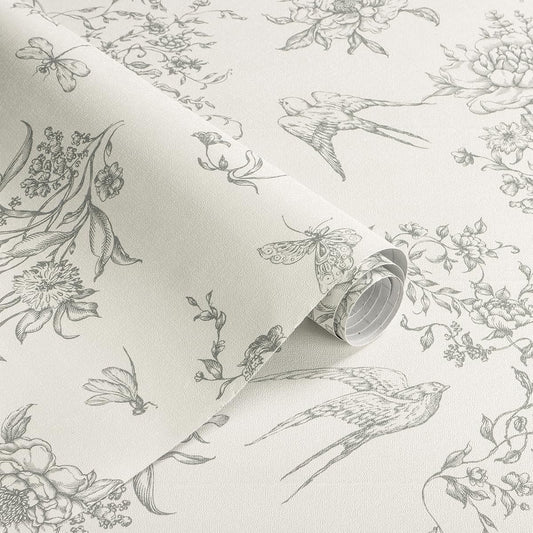 Froluya Cream White and Gray Peel and Stick Wallpaper Vintage Floral Contact Paper 16.9"x118.1" Floral Birds Self Adhesive Removable Wallpaper Grey Flowers Decorative Wall Paper for Bathroom Cabinets