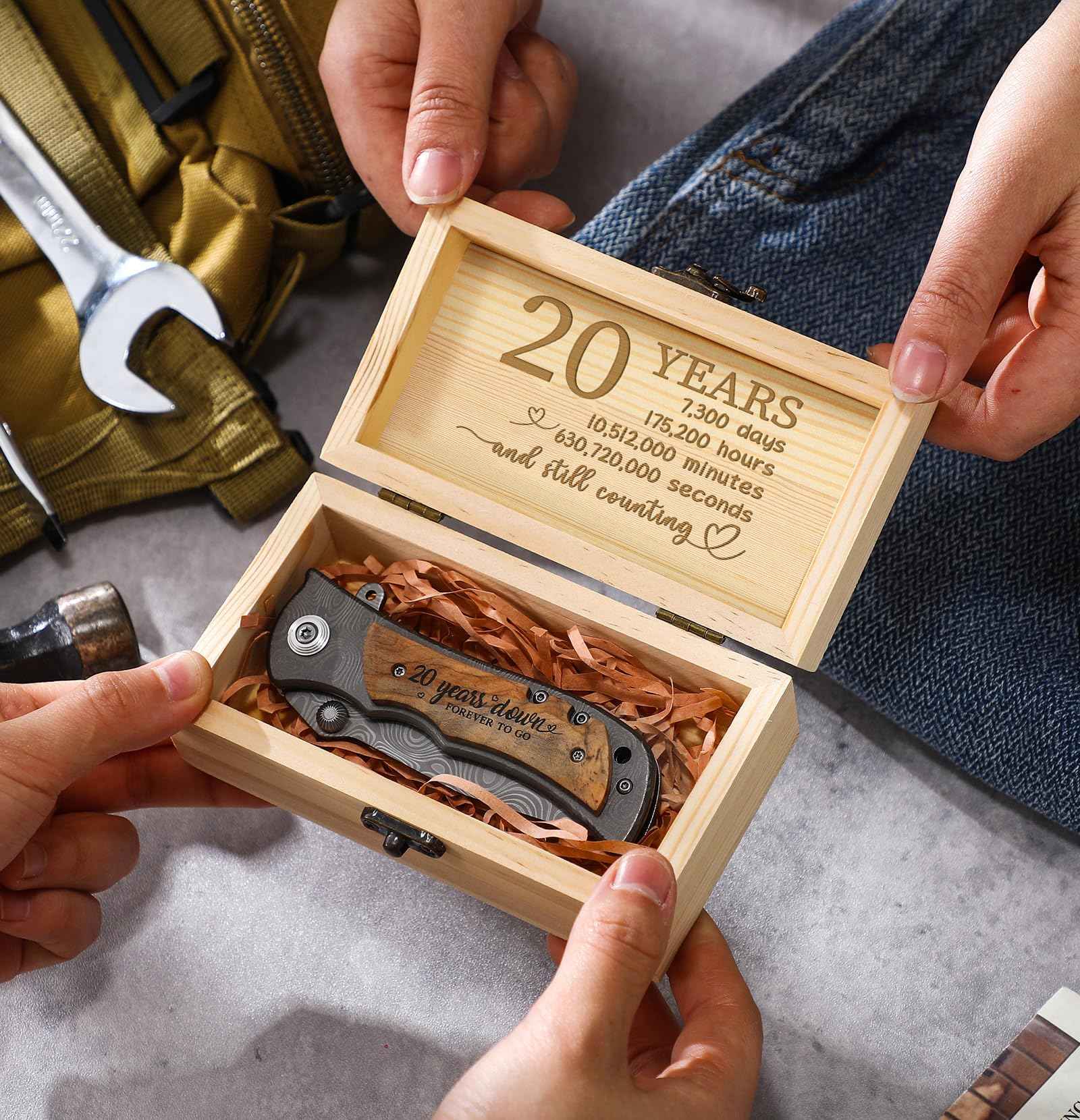 Lanties 20 Year Anniversary Keepsake Gifts for Him Engraved Pocket Knife with Gift Box Happy Tin Anniversary Customized Wedding Birthday Father's Day Gifts for Men Husband
