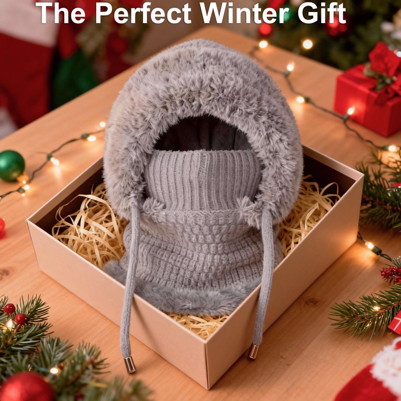 3 in 1 Beanie Hat with Scarf and Mask for Women, Winter Ski Mask & Neck Gaiter Set, Knitted Balaclava Hats for Cold Weather Gray