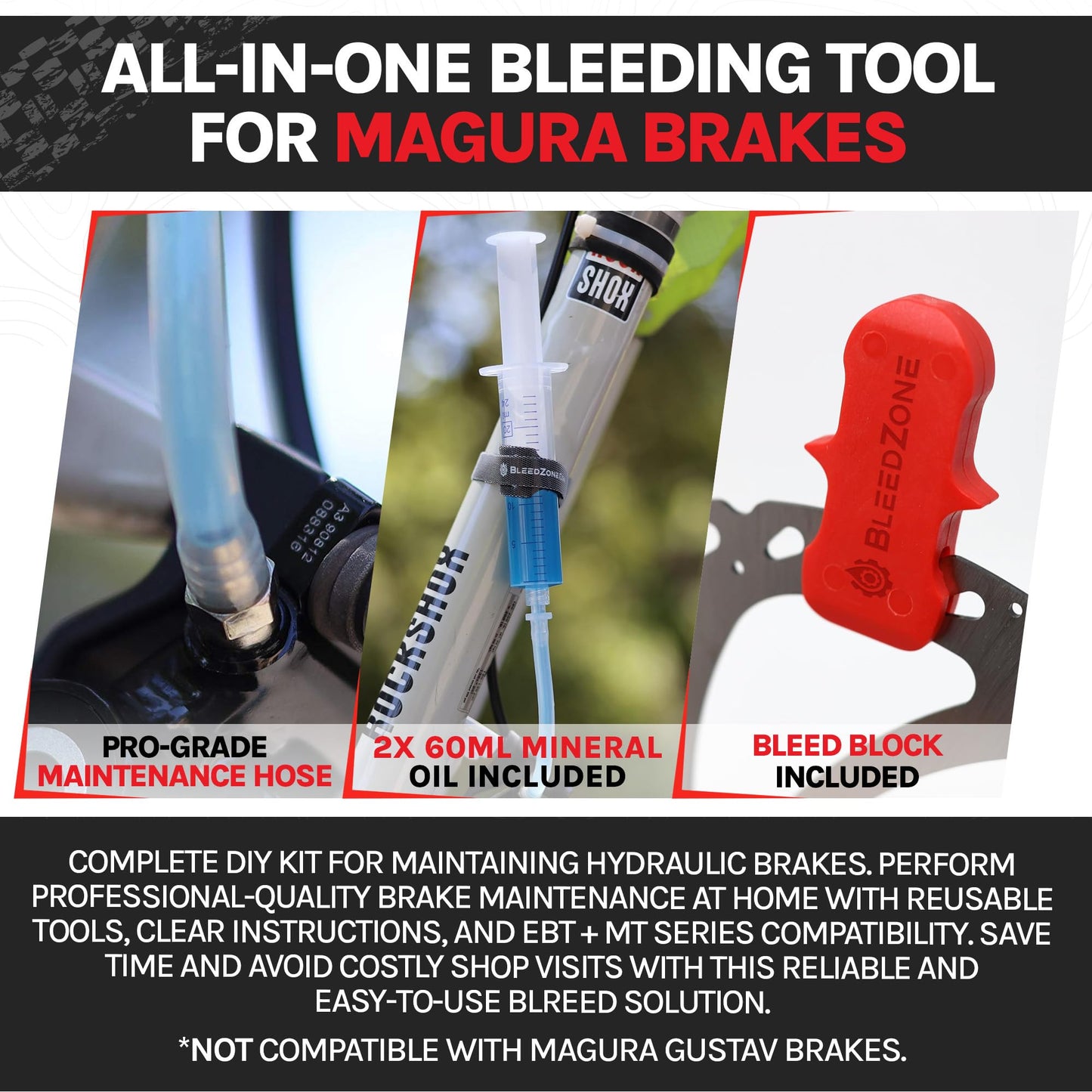 BleedZone Magura Brake Bleed Kit for Hydraulic Disc Brakes with 2X 60ml Mineral Oil Brake Fluid, 20ml Syringes & Hose Fittings, MT Series Compatible, Easy MTB Bleed Kit for Hydraulic Brakes