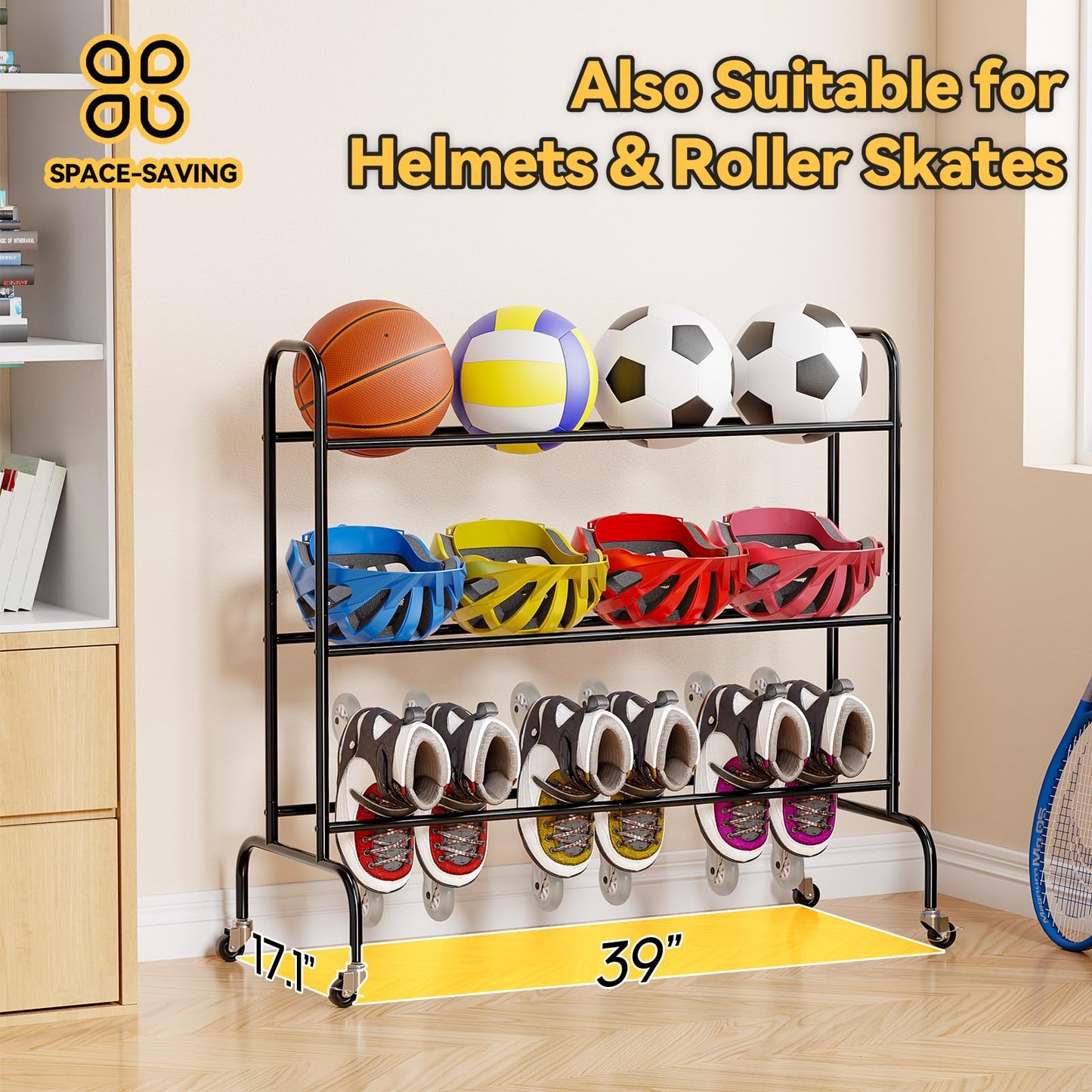 SUFAUY Sports Equipment Organizer, Garage Basketball Rack, Gear & Ball Storage Rack, Outdoor and Indoor Rolling Balls Cart with Wheels