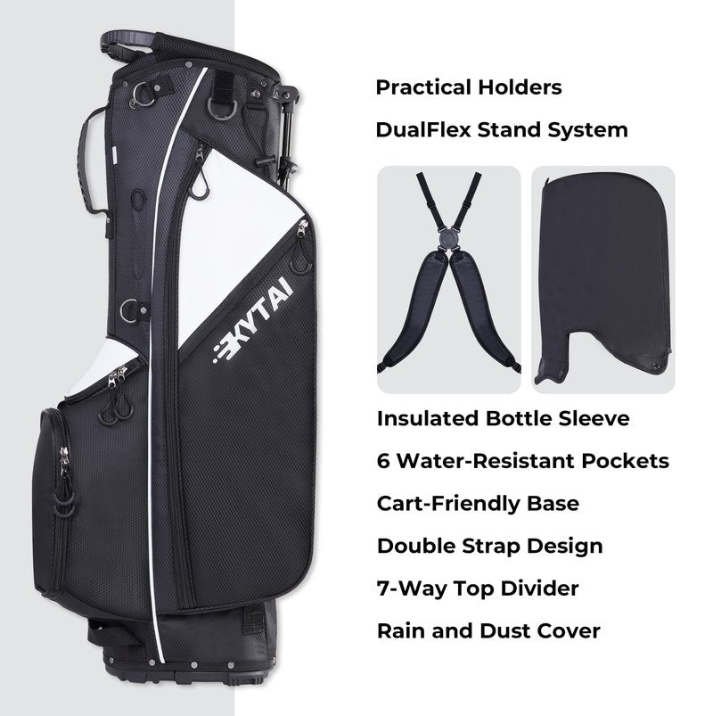 KYTAI Lightweight 7 Way Divider Golf Stand Bag for Men/Women- Dual Straps, Stable Stand, Multiple Pockets, Rain Hood & Towel Ring (Black/White)