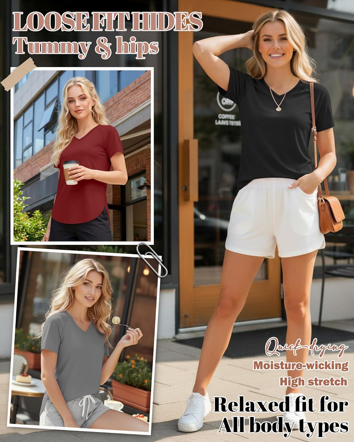 Skiennix Women's Quick-Dry Workout T-Shirts - UPF 50+ Sun Protection | V-Neck, Side Slits, Curved Hem - 5 Pack