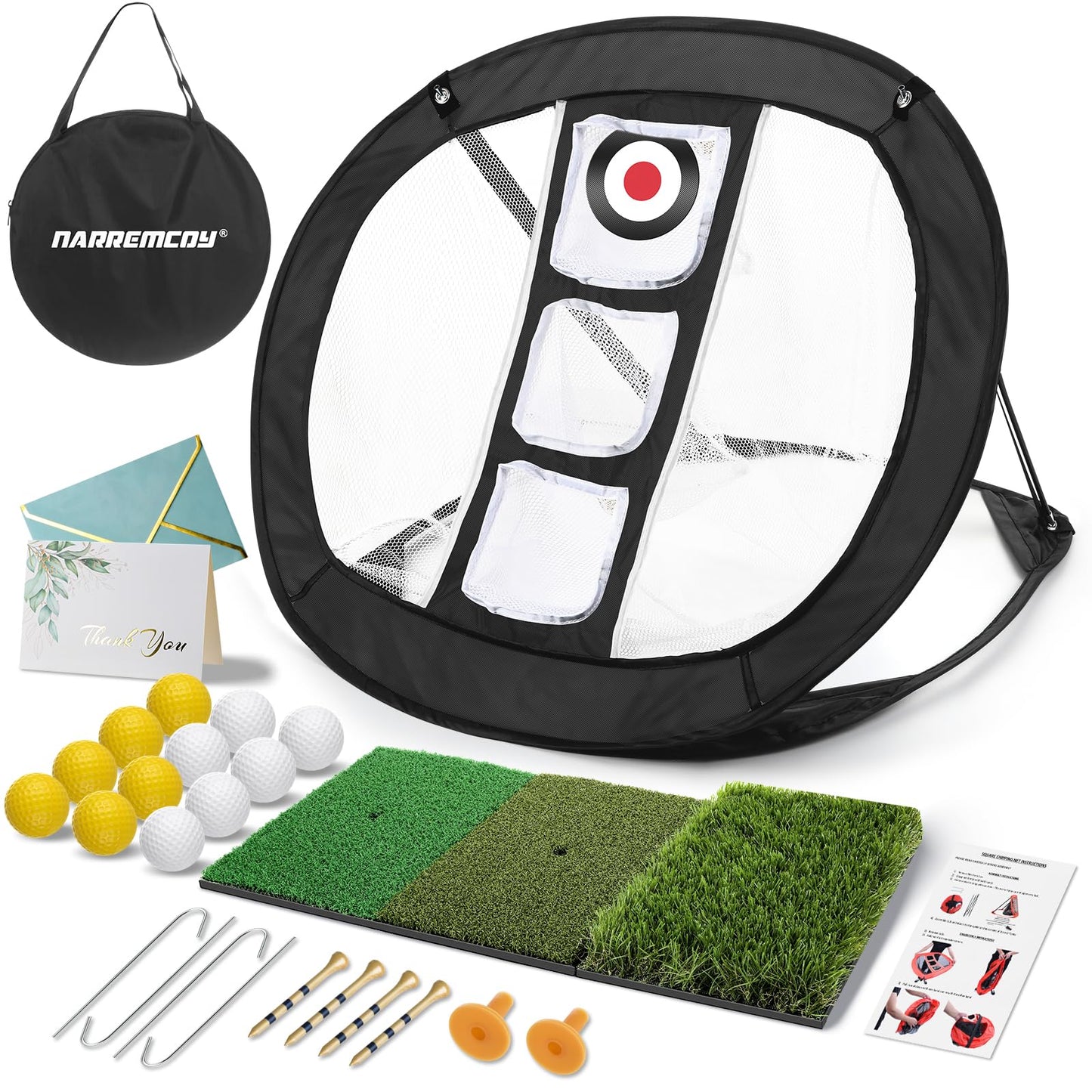 Narremcoy Golf Chipping Net with Tri-Turf Hitting Mat Set - Foldable Practice Target, 12 Foam Balls & 6 Tees in Carry Bag - Indoor Outdoor Backyard Golf Precision Training Gift & Aid for Beginners