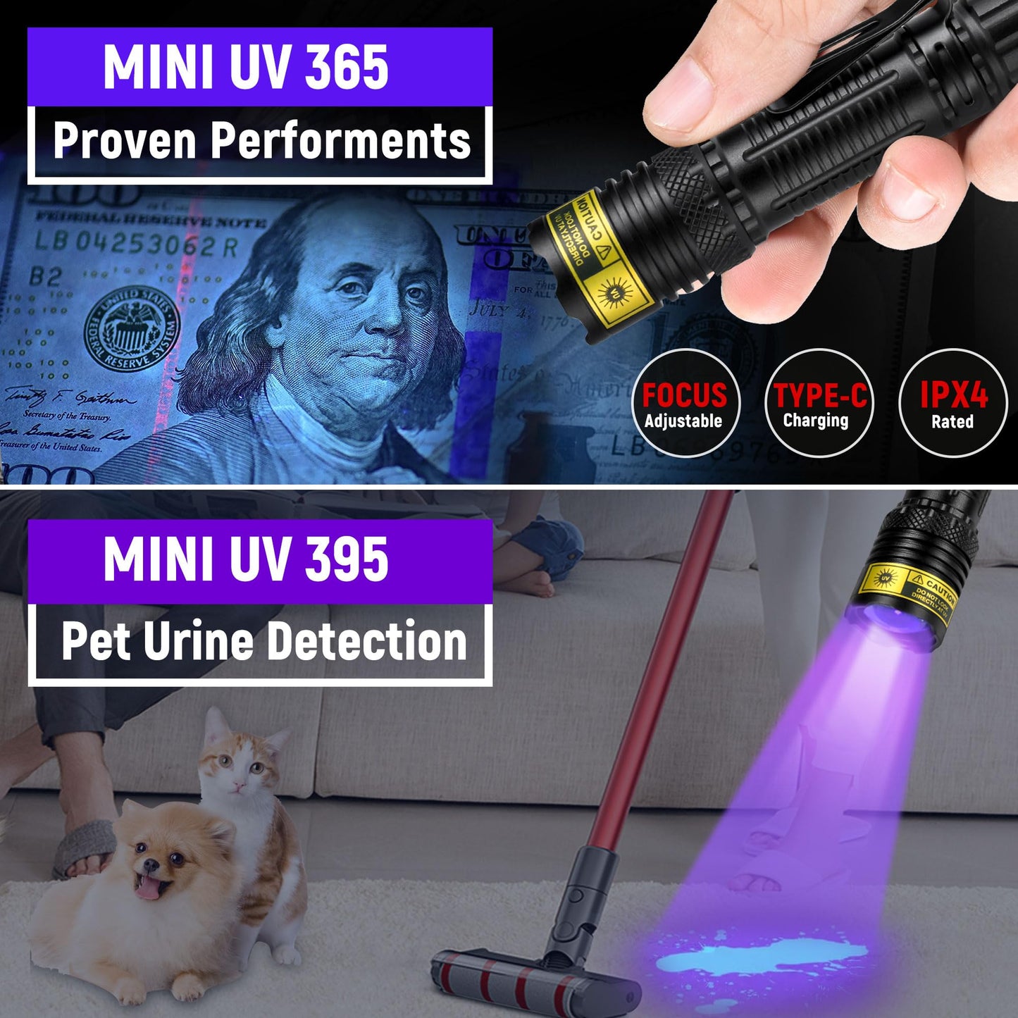 DARKDAWN UV Flashlight 365&395nm Black Light Mini USB Rechargeable Ultraviolet LED Blacklight Woods Lamp Powerful Fluorescent Portable Detector for Pet Urine Stains, Money, Resin Curing（2 Pack）