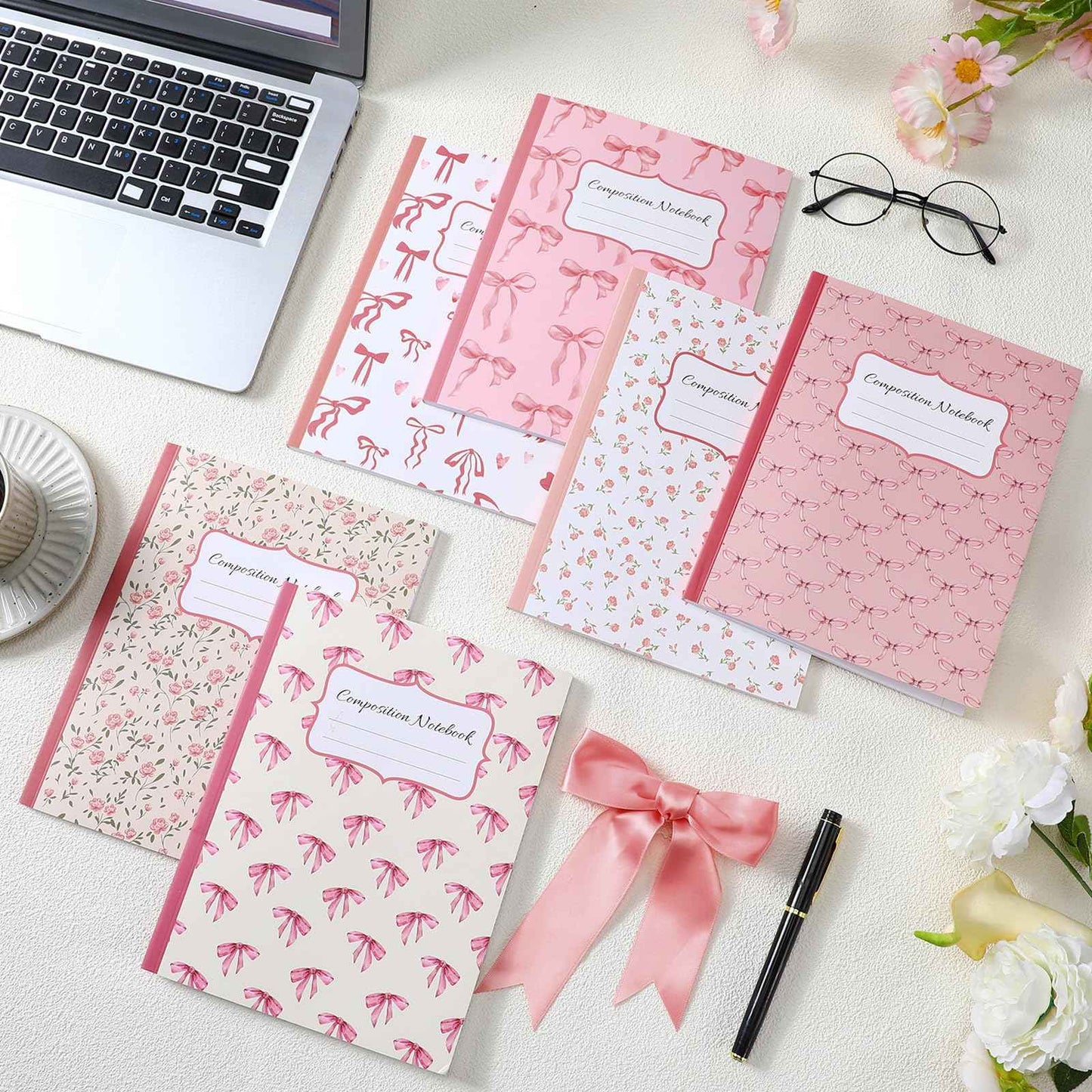 Fullhawl 6 Pcs Bow Composition Notebooks, Preppy Coquette Notebook College Ruled Journal, 110 Page, Cute Back to School Gift for Teacher, Student, First Day of Schooll(Pink,9-3/4 x 7-1/2")