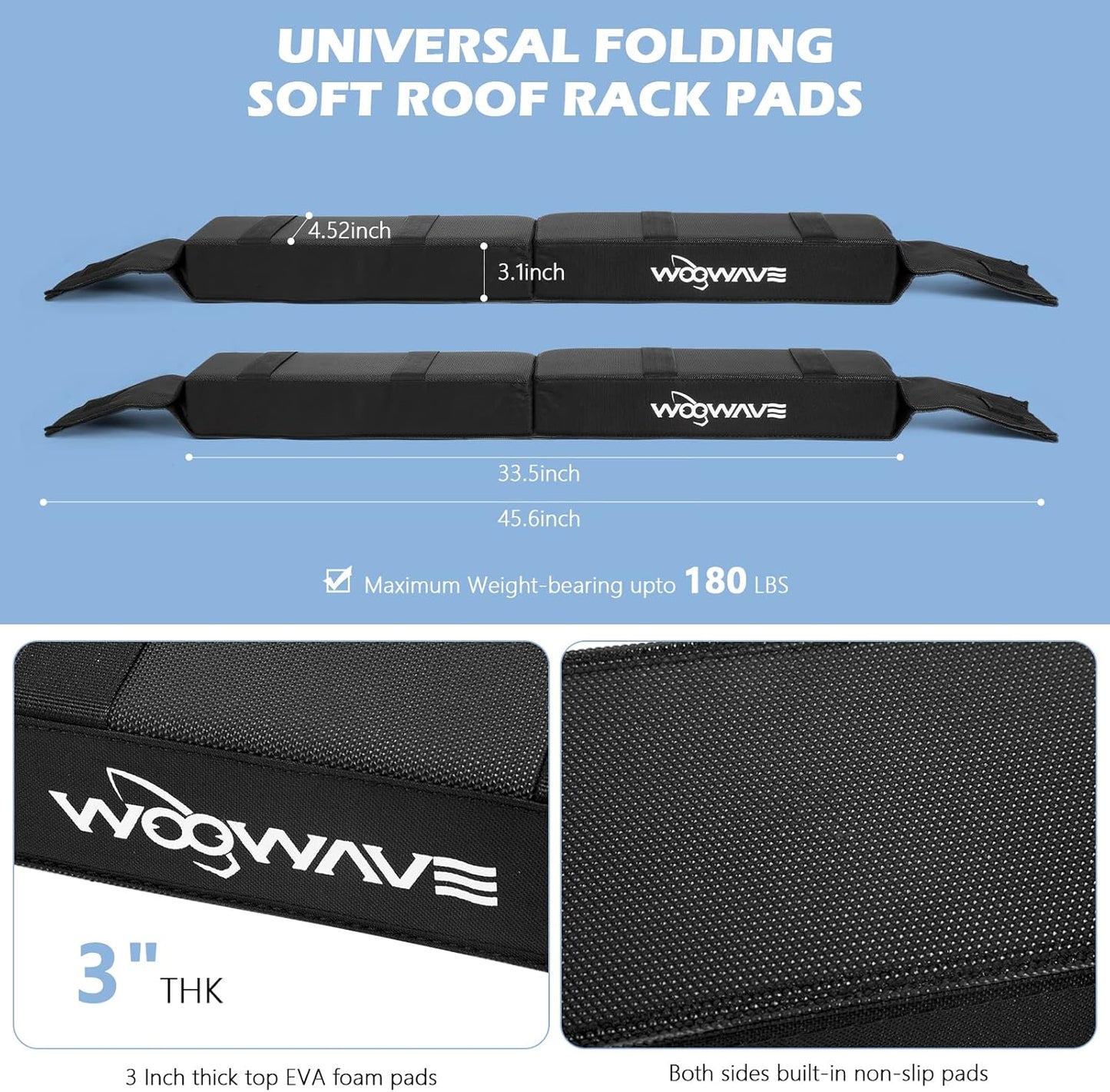 WOOWAVE Folding Kayak Carrier - Soft Roof Rack Pads with 4 Tie Down Straps & Storage Bag | Universal Fit for Canoe, Surfboard, SUP