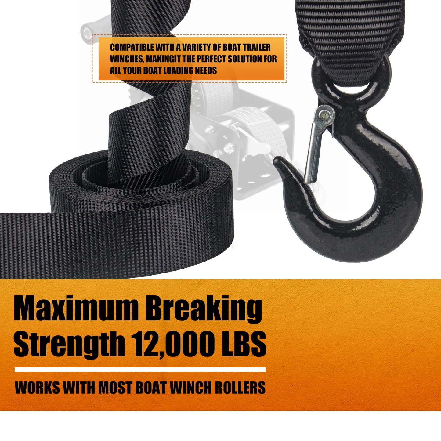 KONON Boat Trailer Winch Strap 2" x 20' with Safety Snap Hook 12000 lbs for Towing Vehicles, Boats and Jet Ski | Polyester | 12-Month Free Replacement (Black)