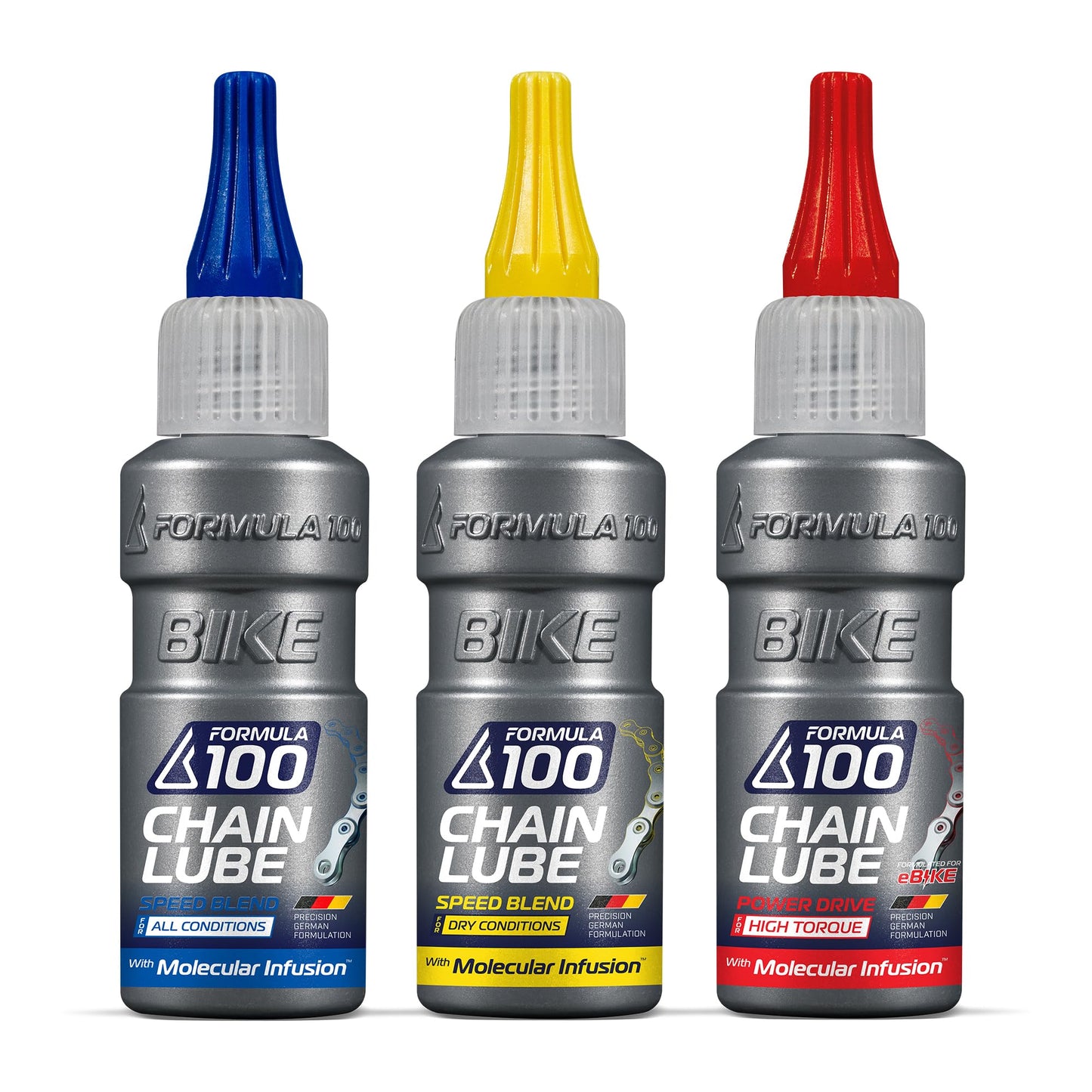 Formula 100 Chain Lube Pro Pack with All Conditions, Dry Conditions, & eBike Lubricant – Collection of Lubricant for Bicycles & Electric Bikes – Protects Against Wear & Corrosion – Three 50ml Bottles