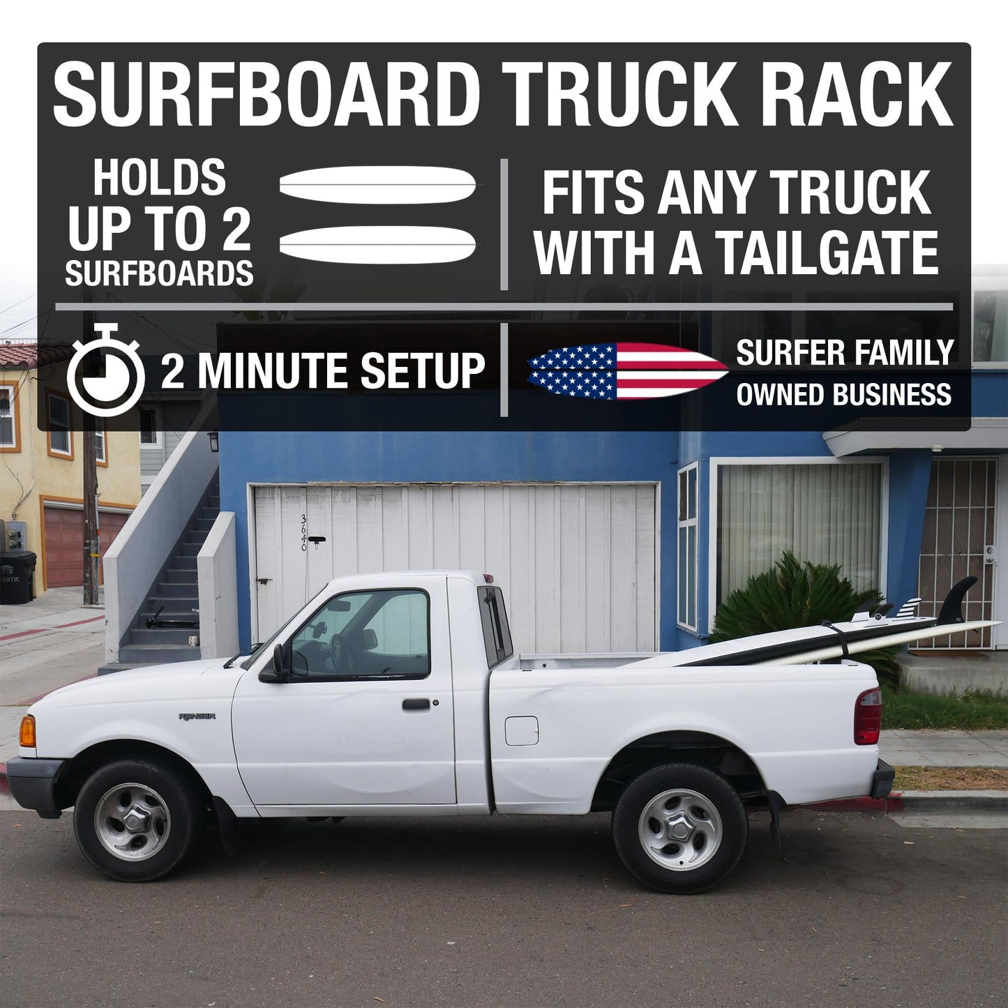 Surfboard Truck Rack - Durable Pad Fits All Tailgates - ‘No Scratch’ Silicone Buckle Covers Prevent Damage - Easy to Use