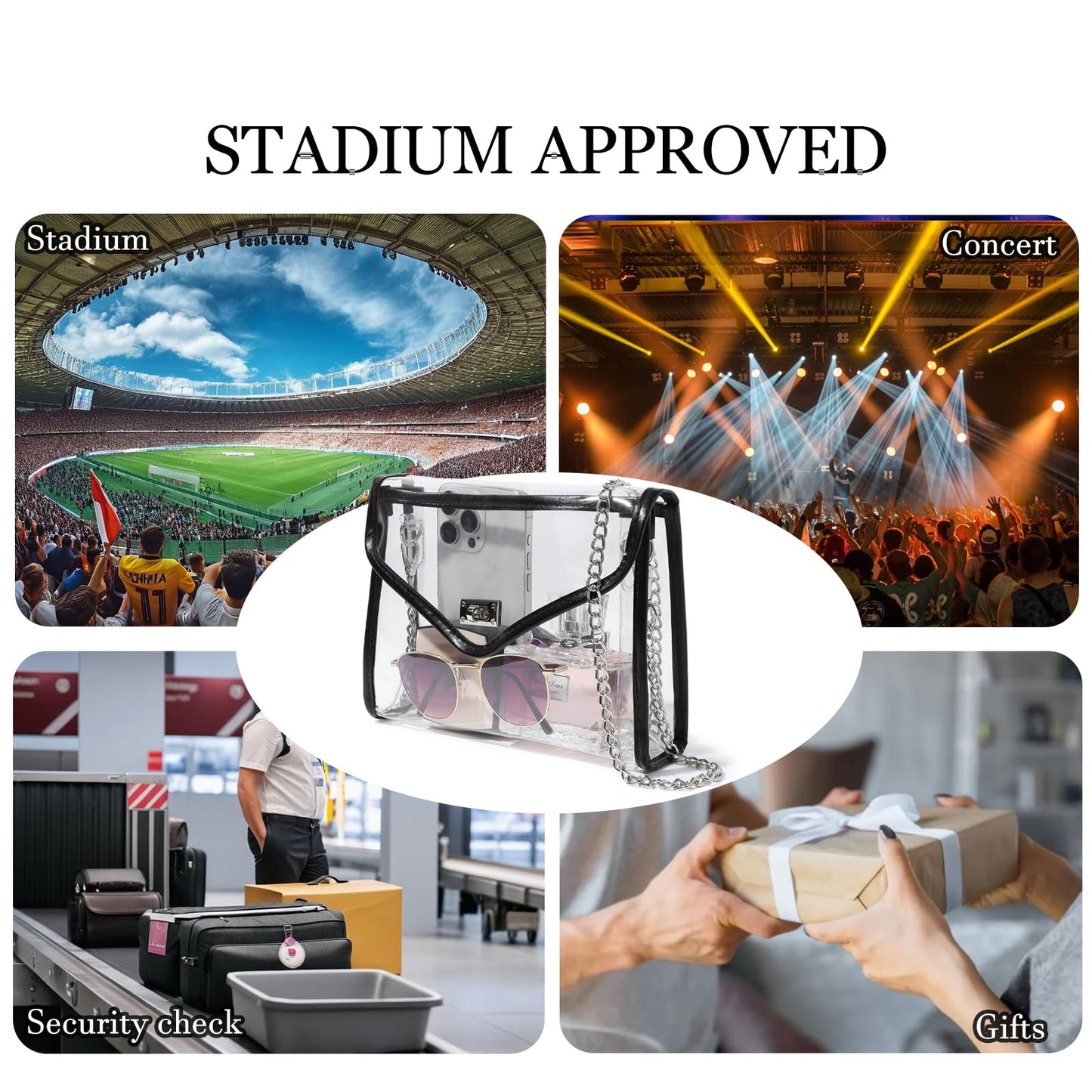 Bucosd Clear Purse for Women Stadium Approved, Clear Crossbody Bag with Leather Edging for Concert Sports Events (Black - Silver Chain)