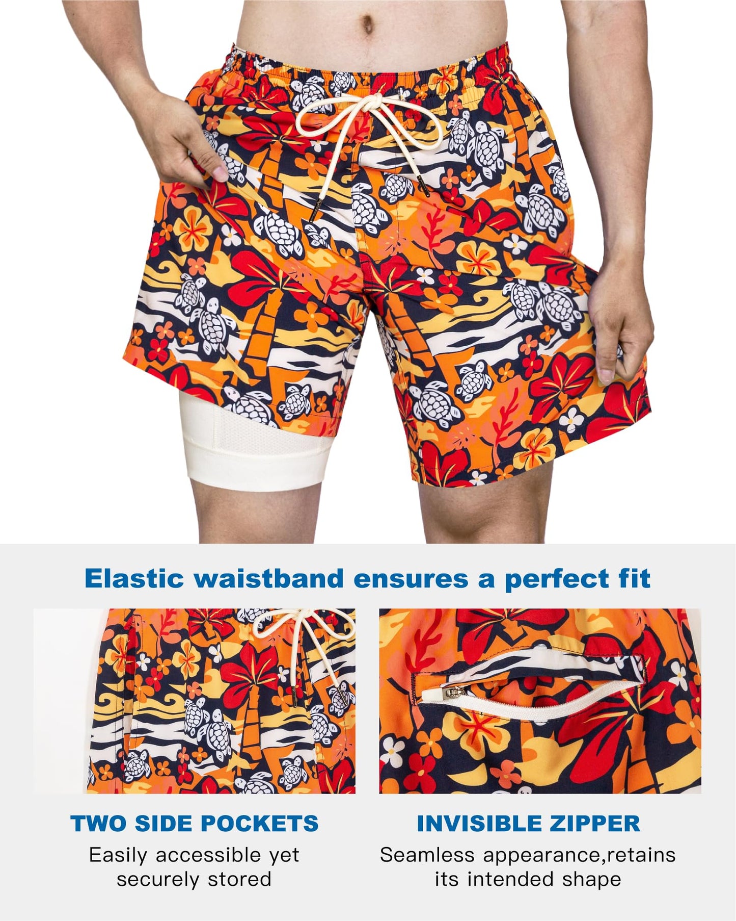 SURF CUZ Mens Swim Trunks with Compression Liner Quick Dry Swim Shorts 7" Swimming Trunks Stretch Bathing Suit 7 Inch,Hawaiian Turtle,XS