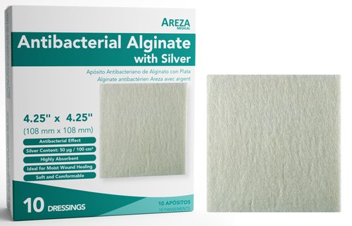 Areza Silver Calcium Alginate Antibacterial Wound Dressing Pads – Sterile, Non-Stick, Highly Absorbent; for Wound Drainage & Infection Risk (4.25″×4.25″, 10-Pack per Box), 1 Box