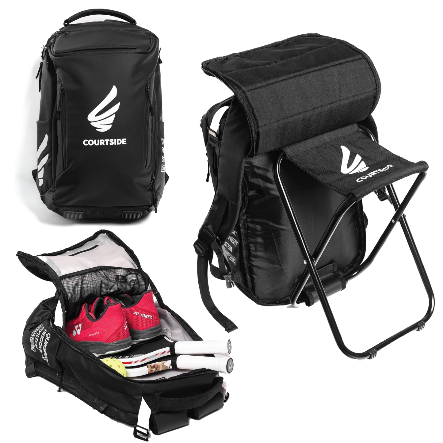 Courtside Pickleball Backpack with Built-In Folding Chair (Up to 300 lbs) | QuikSeat Recovery System | Fits 2+ Paddles, Shoes, Water Bottle Pockets & Safety Compartments for Men & Women