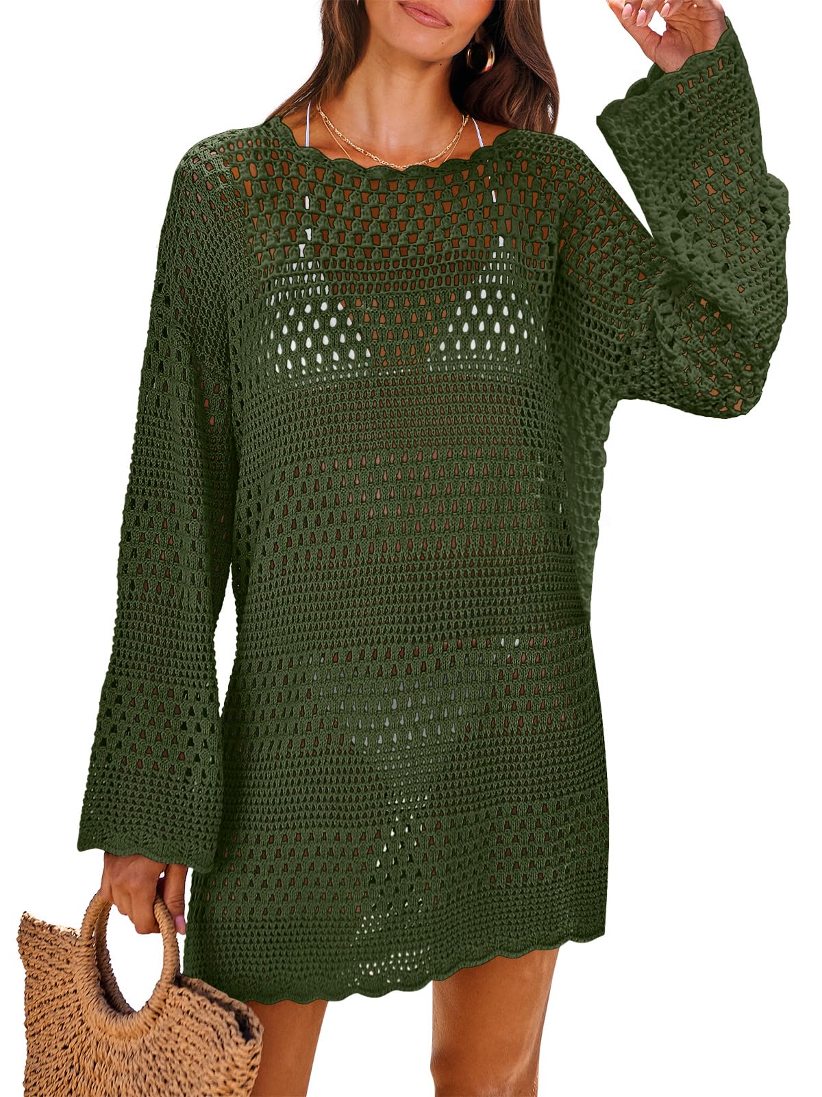 ANRABESS Women Swimsuit Crochet Swim Cover Up 2026 Summer Bathing Suit Swimwear Mesh Knit Beach Dress Vacation Outfits Burgundy Small