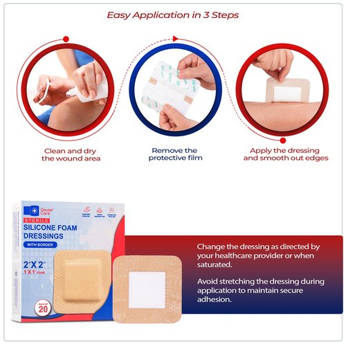 GauzeCare Silicone Foam Dressing 2x2 (Pack of 20) – Waterproof Wound Bandages with Adhesive Border, Self-Adhesive and Highly Absorbent Silicone Bandages for Effective Wound Care