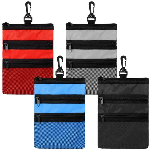 Cosblank 4 Pcs Golf Tee Holder 3 Zippered Golf Pouch Bag for Valuables Portable Ball Accessory Pouch for Men with Clip to Bag for More Storage, Easy Access, Black, Red, Blue, Gray