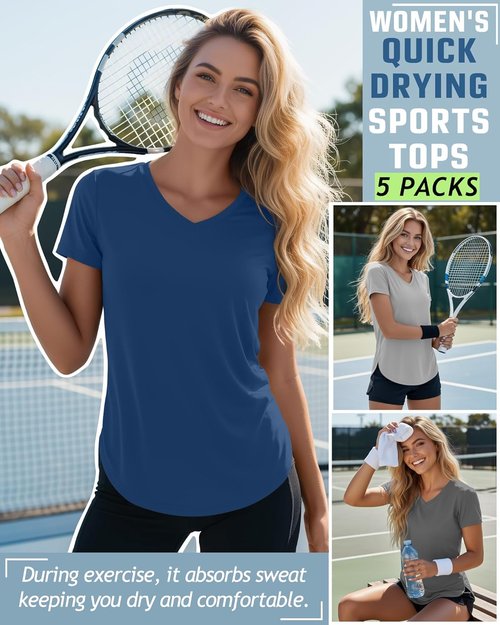 Locoowai Women's Workout Shirts - V-Neck Quick Dry Tops with UPF 50+ Protection | 5-Pack Short Sleeve Tees