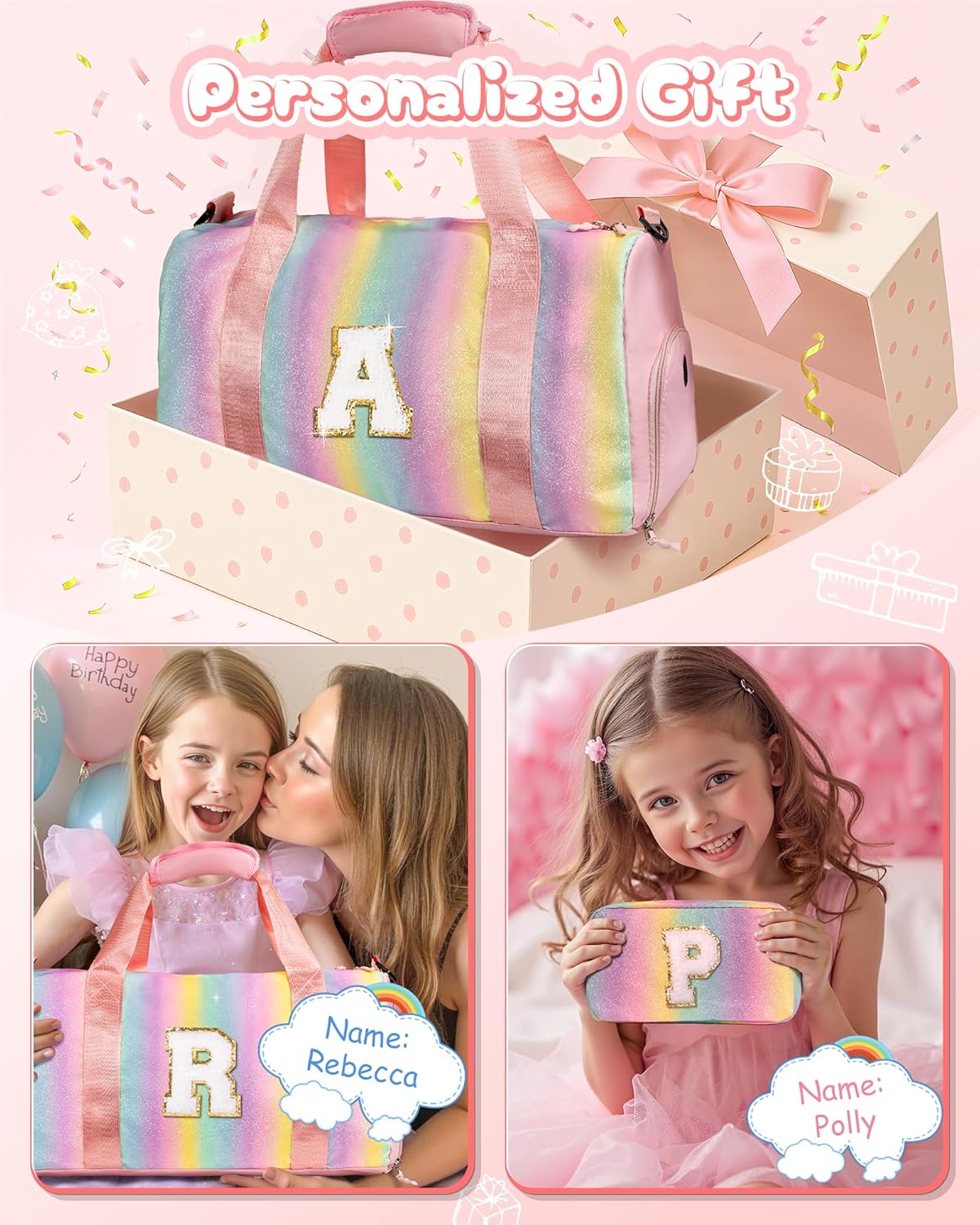 Preppy Gifts | Personalized Girl Gym Bag with Shoe Compartment & Makeup Pouch - Ideal for Ages 3-12