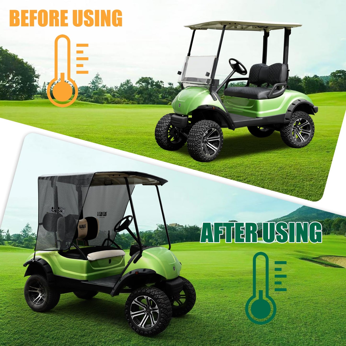 10L0L 2-Passenger Golf Cart Sun Shade Cover for Yamaha G29 Drive 2007-2016, 3 Sides Roll Up, Heat Reflective Layer & Breathable Mesh Sunshade Screen, Foldable UV Heat Resistant (Roof: 63" L X 45" W)