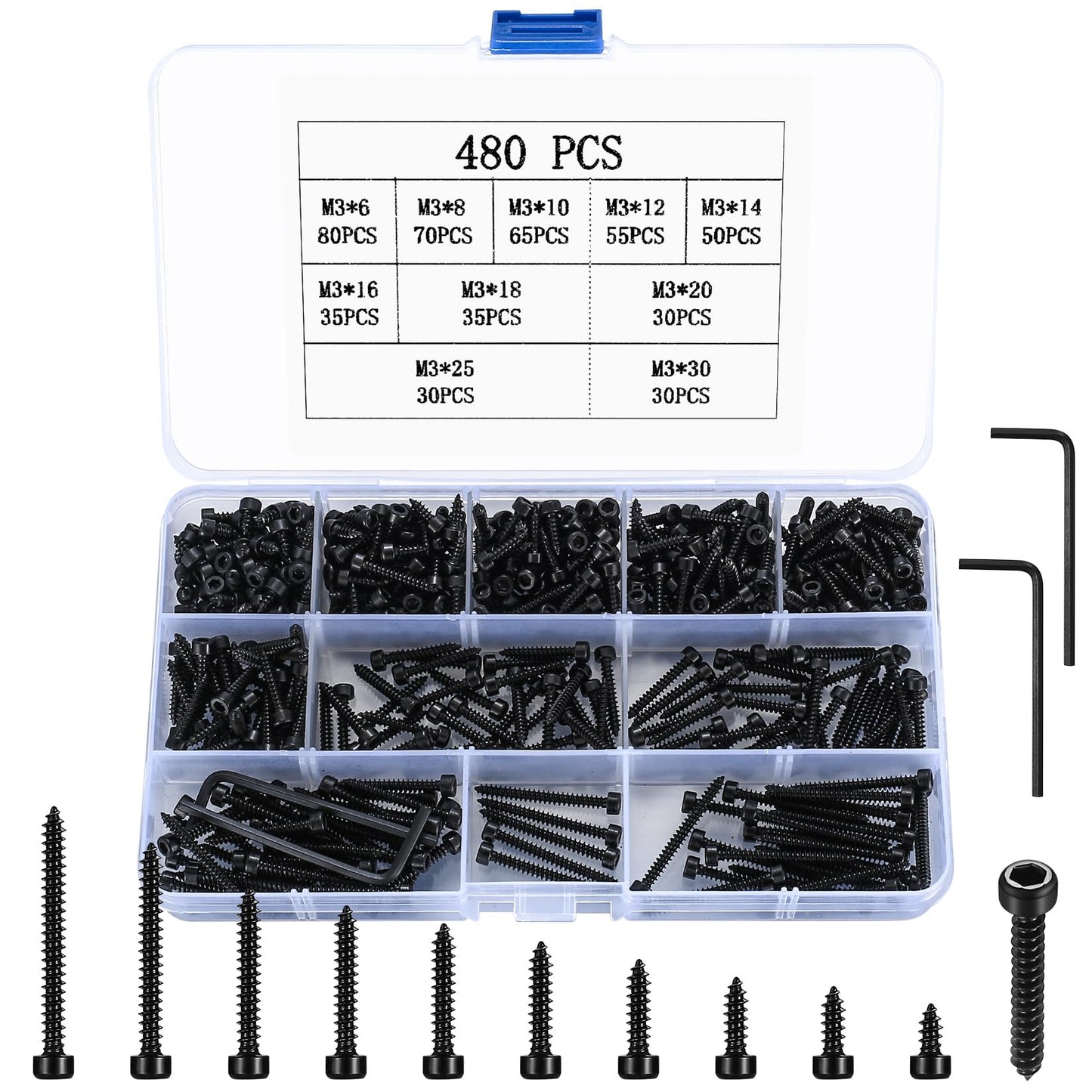Metric Hex Socket Cap Head Self Tapping Screws, 480pcs M3 Stainless Steel Socket Head Cap Wood Screws Assortment Kit, Hex Drive Head Cap Self Drilling Screws(480 Black)