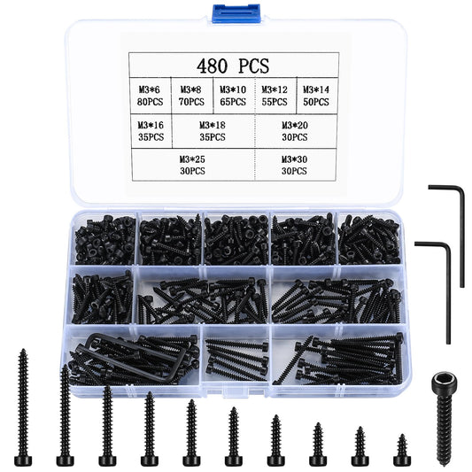 Metric Hex Socket Cap Head Self Tapping Screws, 480pcs M3 Stainless Steel Socket Head Cap Wood Screws Assortment Kit, Hex Drive Head Cap Self Drilling Screws(480 Black)