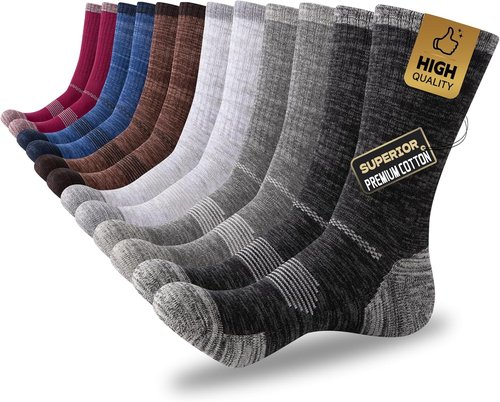 COOVAN Men's Cotton Crew Work Socks - 6 Pairs Moisture-Wicking Cushioned Boot Socks for Hiking & Running
