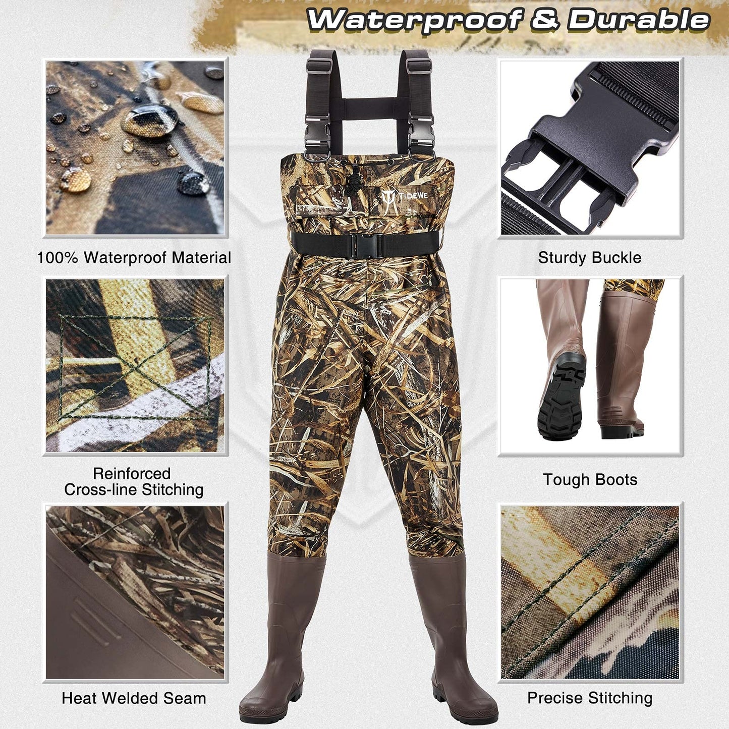 TIDEWE Chest Waders with Mesh Lining(Upgraded), Realtree Max 5 Camo Waterproof Waders for Fishing & Hunting, Bootfoot PVC Waders with Boot Hanger for Men & Women (Size 5)