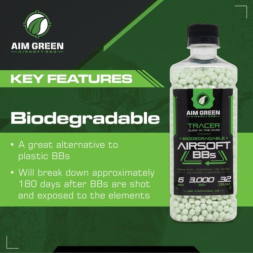 Aim Green Tracer Biodegradable Airsoft BBs - Glow-in-The-Dark, 3,000 Count, .20/.25/.32 Grams
