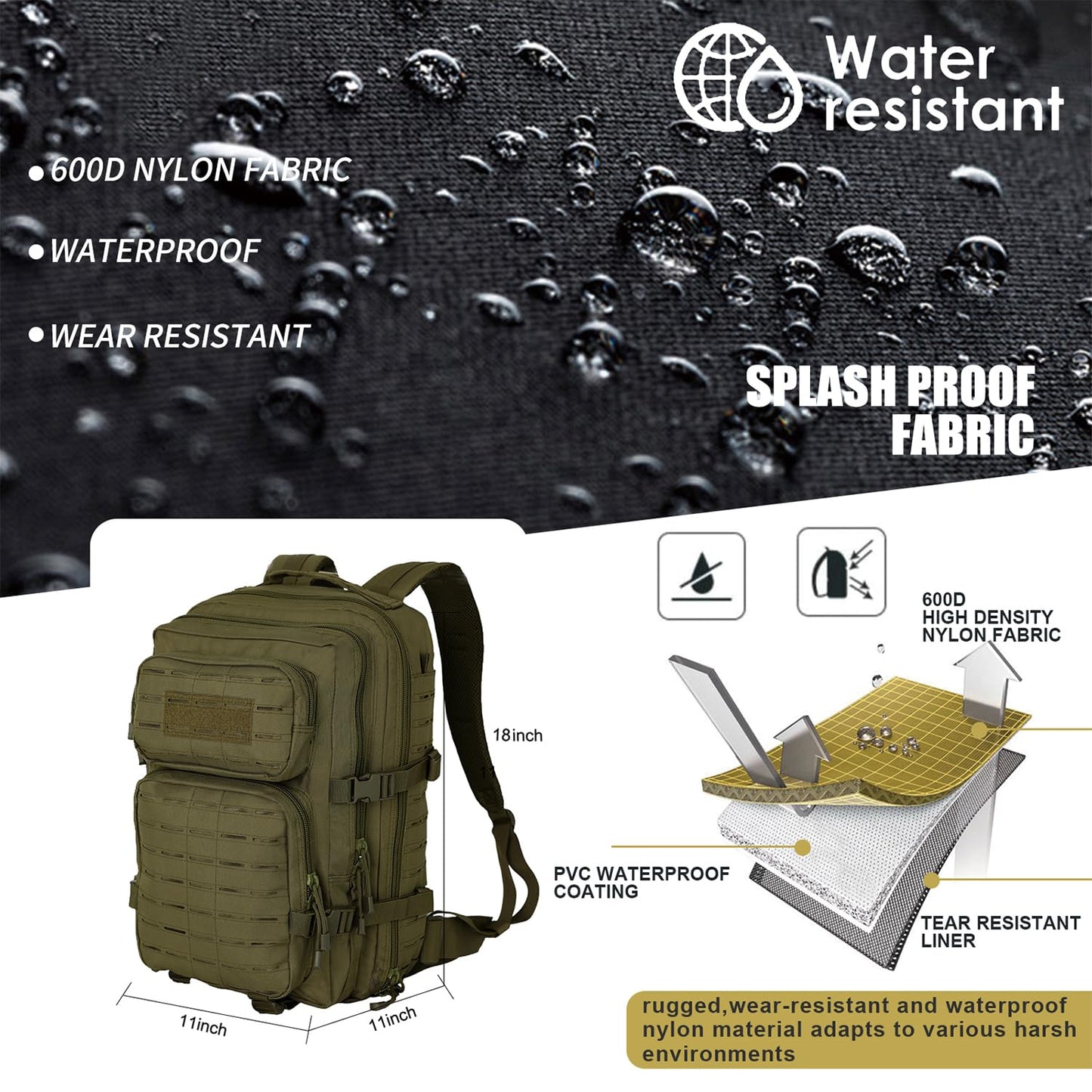 PAIWPHLI Small Tactical Backpack Assault Pack Bug Out Bag 40L Military Backpack with Molle for Hiking Hunting Rucksack Trekking (Green)