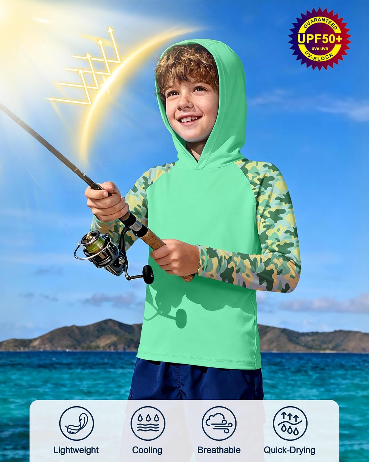Skiennix Boys Rash Guard Swim Hoodie - UPF 50+ UV Protection Long Sleeve Fishing Shirt | Youth Size