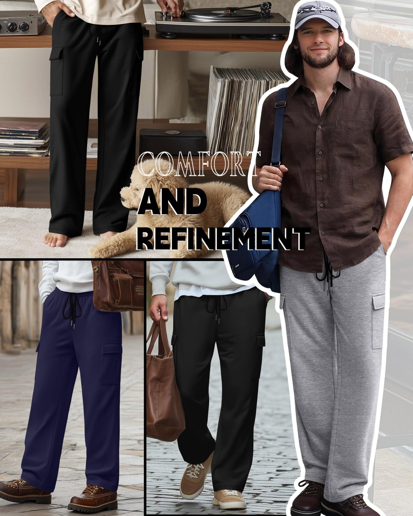Neer 3 Pack Men's Cargo Sweatpants Baggy Open Bottom Joggers Straight Wide Leg Drawstring Lightweight Pants with Pockets(Black, Navy Blue, Light Mixed Gray,X-Large)