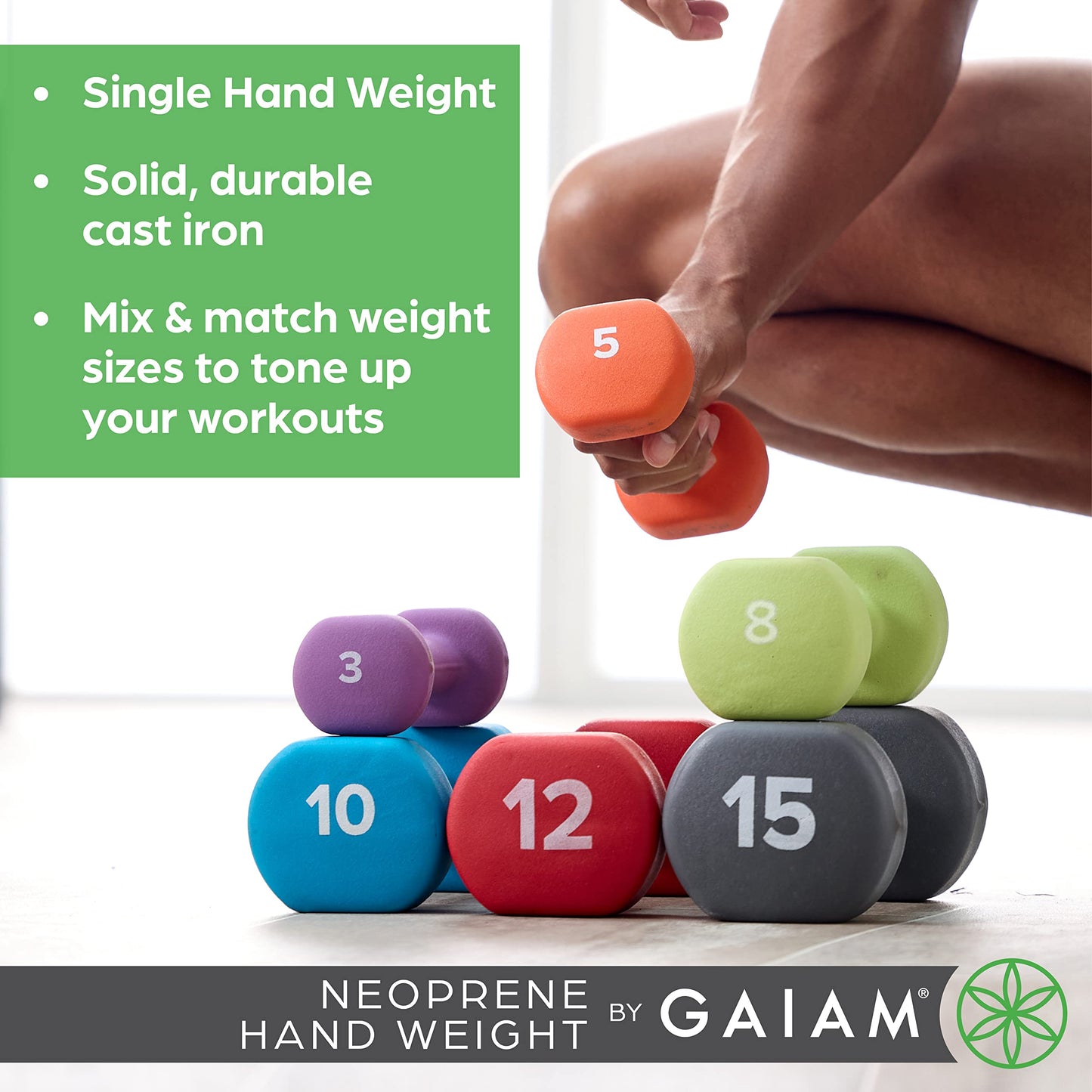 Gaiam Dumbbell Hand Weight (Sold in Singles) - Neoprene Coated Exercise & Fitness Dumbbell for Home Gym Workouts and Strength Training - Free Weights for Women and Men (8lb, Green)