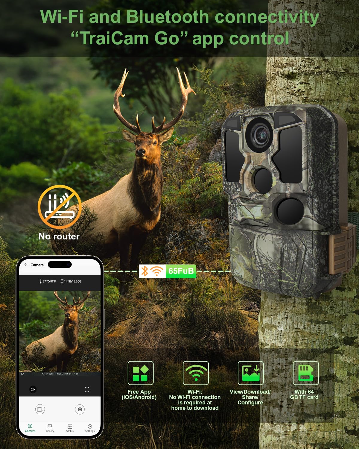 KJK Trail Camera WiFi 4K 84MP with 64GB Memory Card, Game Camera with Night Vision, 0.1s Trigger Motion Activated, IP67 Waterproof 130°Wide-Angle 42pcs No Glow Infrared LEDs for Wildlife Monitoring