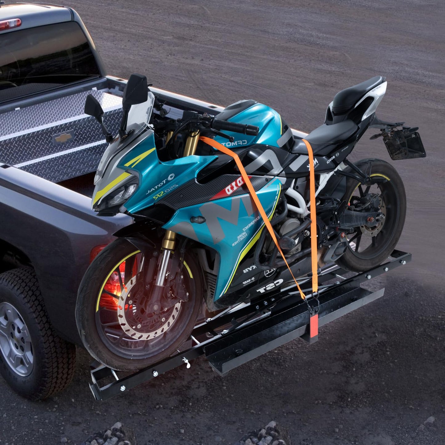 VEVOR Motorcycle Carrier, 600 LBS Steel Motorcycle Carrier Hitch Mount with 47" Longer Ramp, Scooter Dirt Bike Trailer Hauler with Ratchet Straps and Stabilizer, for Car, Truck with 2" Hitch Receiver
