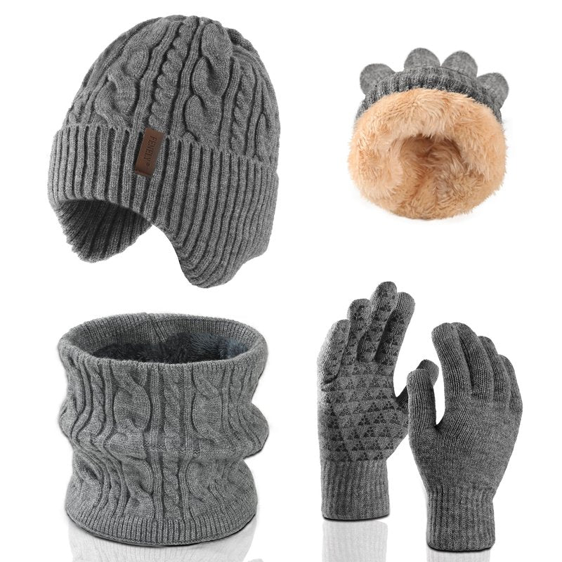 Men Beanie Hat Scarf Touchscreen Gloves Set Winter Warm Knit Fleece Lined Thick Thermal Neck Warmer Dark Grey Cap with Earflap for Cold Weather Outdoor