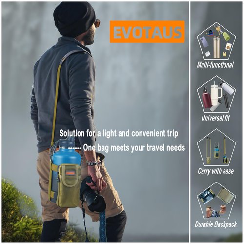 EVOTAUS MOLLE Water Bottle bag - Bottle Holder Carrier Sling with Strap for Walking - Manual Strap Adjustment for Precise Fit of Most 18-64 oz Bottles (Check Size Fit Guide), Khaki