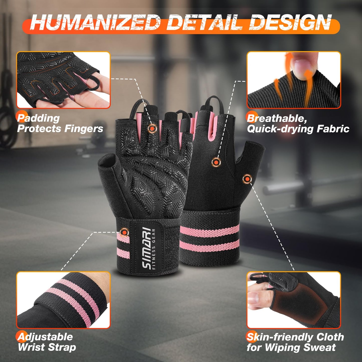 SIMARI Workout Gym Gloves for Men Women, Weight Lifting Gloves with Wrist Wrap Support, SBR Pad Grip for Full Palm Protection, for Exercise, Fitness, Dumbbells, Barbell, Climbing, Fingerless
