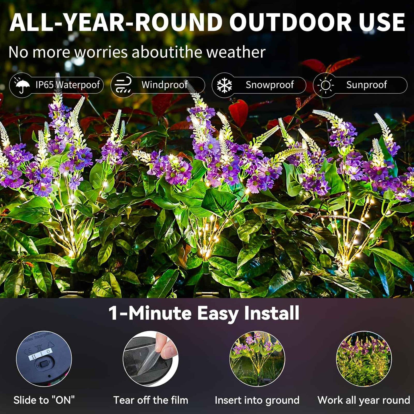 Neporal Solar Flowers Outdoor Waterproof Purple, Lilac Garden Solar Lights Decorative 4PK 8-Stem, 2 Lighting Modes, Solar Powered Garden Decor, Solar Yard Decor