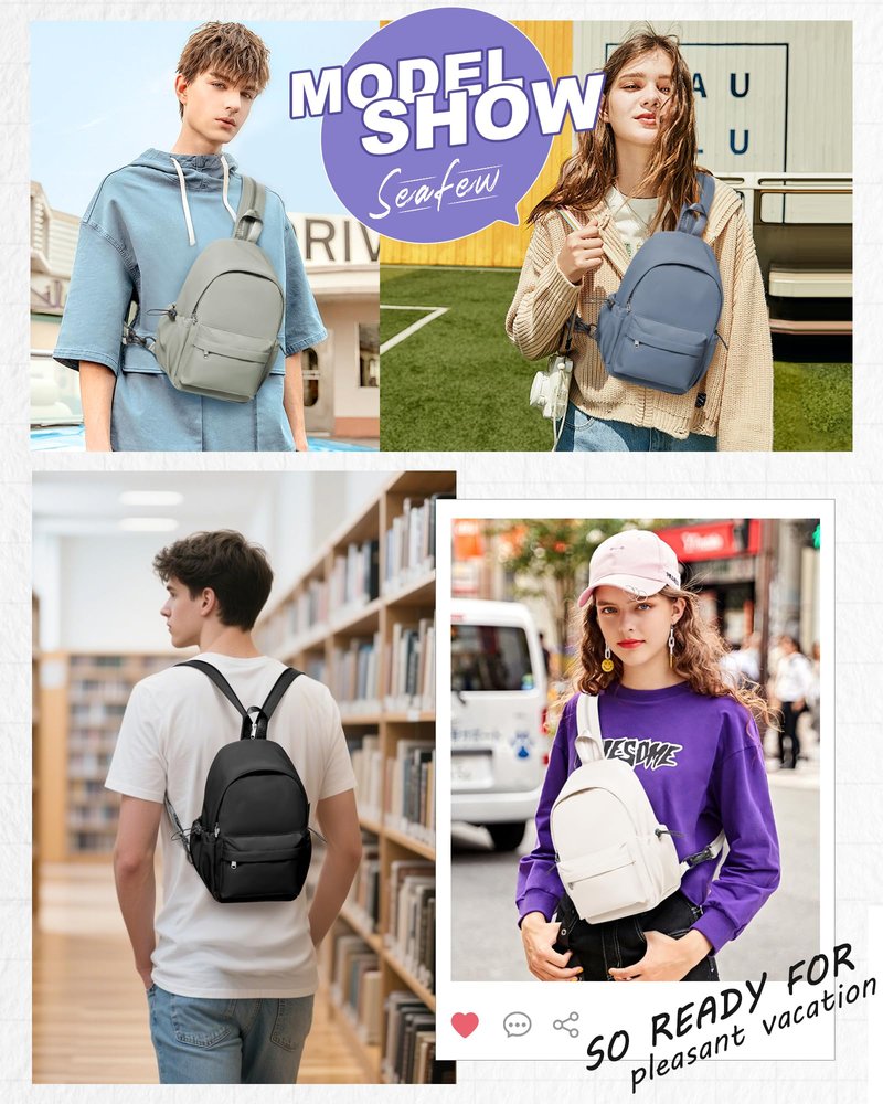 SEAFEW Small Black Sling Crossbody Bag for Men Women, Shoulder Daypack Mini Anti-Theft Cross Body Motorcycle Chest Bags, Small One Strap Fanny Back Pack for Casual Travel Hiking Sport Gym