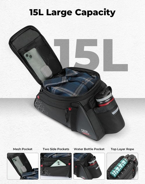 KEMIMOTO Bike Bag PVC Bicycles Rear Rack 15L Bicycles Trunk Pannier with Waterproof Cover and Water Cup Bag for Commuter Travel Outdoor