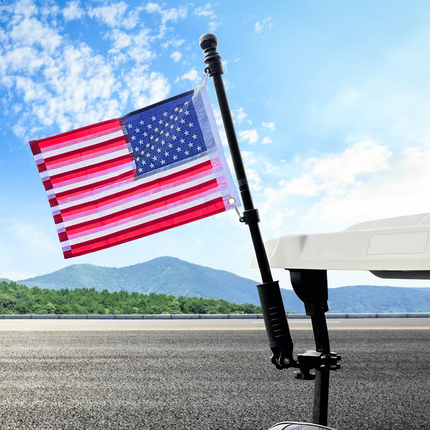 10L0L Golf Cart Flag Holder and Flagpole Bracket Mount Compatible with for Yamaha EZGO TXT RXV Club Car DS Precedent Icon EV Star Embroidered USA Flag (12"×18") Included