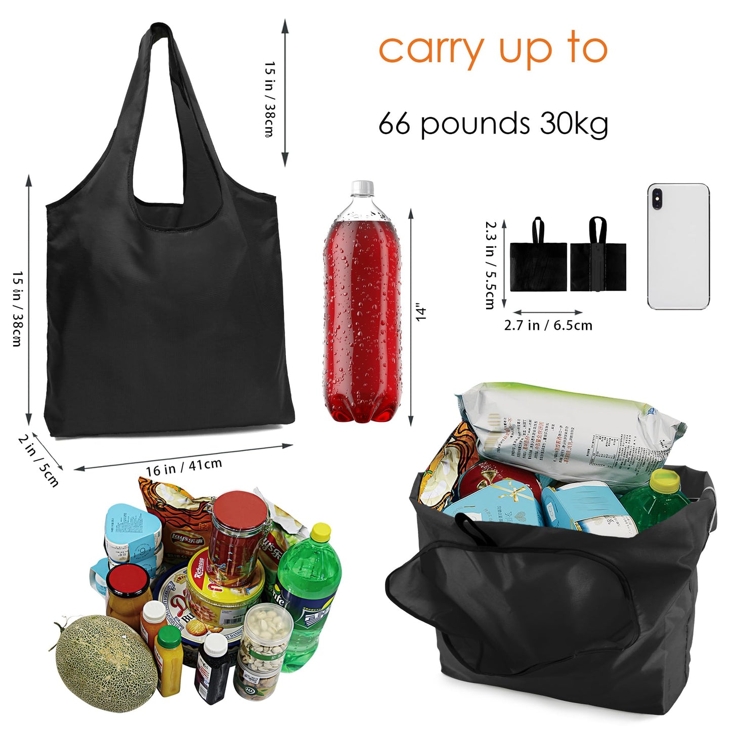 BeeGreen Black Ultimate Reusable Grocery Shopping Bag - Large Capacity Tote Bag - Compact Portable Machine Washable