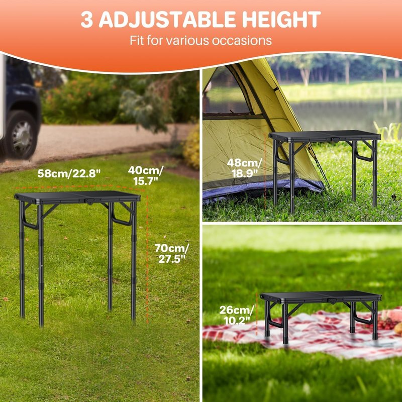 FUNYKICH 2ft Small Folding Camping Table(22.8'' Lx15.7'' W), 3 Height Adjustable Portable Picnic Table, Lightweight Aluminum Outdoor Table with Carry Handle for Camping, BBQ, Beach, Picnic, Black