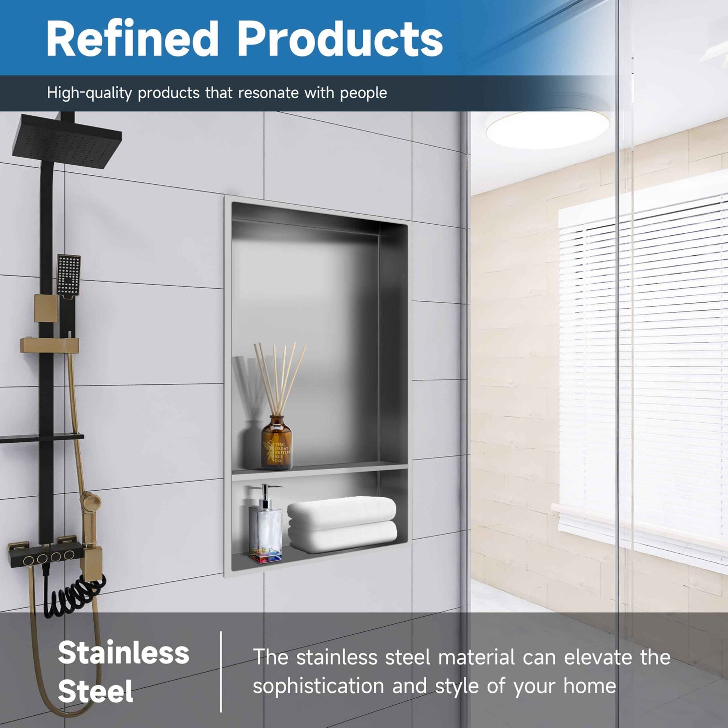 BATHFINESSE Shower Niche Insert Tile Ready, Bath Niche 13 × 25 Double Shelves, Recessed Niche Shower for Bathroom Storage, Brushed Nickel