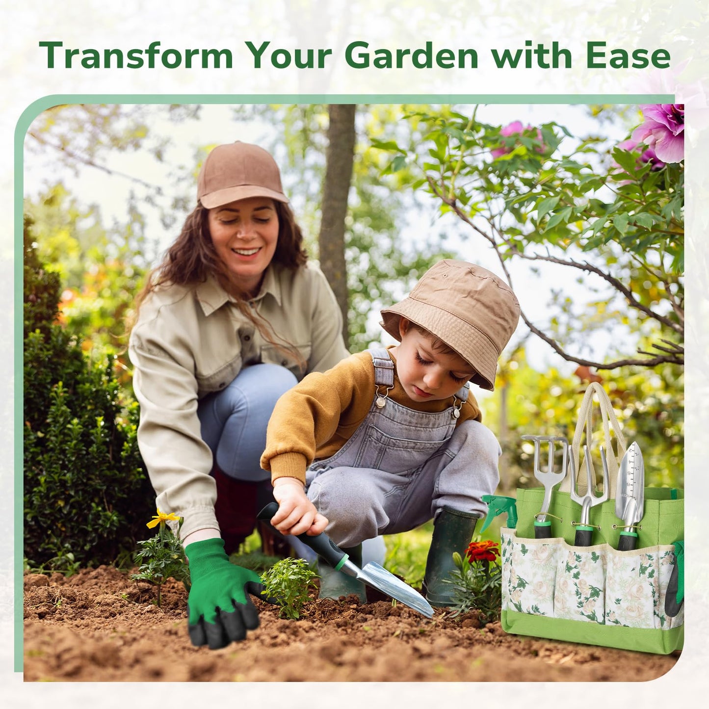 GreatBuddy Garden Tool Set for Women, 9 Piece Heavy Duty Rust-Proof Gardening Tool Set with Ergonomic Handles & Durable Organizer Handbag, Ideal Gardening Gifts for Mothers, Gardener, Beginners